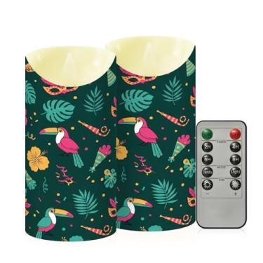 Imagem de Wassud Pacote com 2 velas de carnaval com folhas de pássaros sem chama com controle remoto, velas realistas cintilantes com temporizador, velas decorativas para Natal, casamento, festa, decoração de