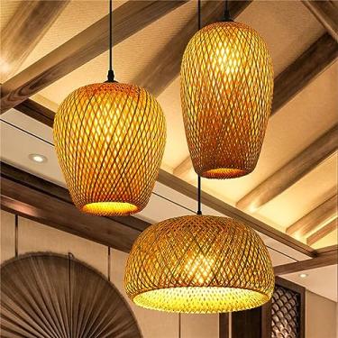 Imagem de Luminária Pendente com 3 Lâmpadas E27, Luminária Pendente Vintage de Bambu Natural, Luminária Retrô de Rattan, Luminária Ajustável em Altura, Lustre Suspenso para Sala de Jantar, Quarto, Bar