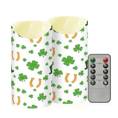 Imagem de Wassud Pacote com 2 velas sem chama de trevo de chapéu de Dia de São Patrício com controle remoto, velas realistas cintilantes com temporizador, velas decorativas para Natal, casamento, festa
