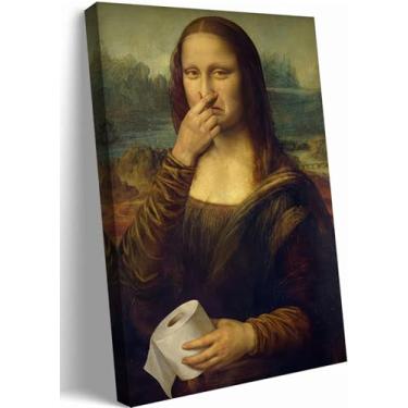 Imagem de Arte de parede engraçada Mona Lisa tela de banheiro beliscar nariz papel higiênico decoração de parede imagens vintage pintura caprichosa pôster impressões humor divertido banheiro decoração de casa