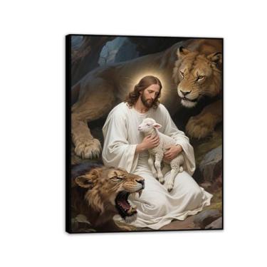 Imagem de Jesus Leão e Cordeiro Arte de Parede Religiosa Cristã Pintura em Tela Impressão de Jesus Decoração de Parede para Casa Igreja Sala de Oração Galeria 80 x 60 cm (32 x 24 polegadas) Moldura Preta