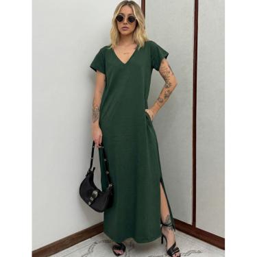 Imagem de Vestido Longo de Algodão com Bolso Decote V Verde Escuro
