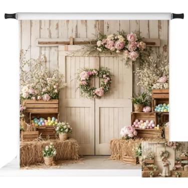 Imagem de Kate Pano de fundo de Páscoa para sessão de fotos flores de primavera porta de celeiro de madeira ovos coloridos adereços de faixa de festa, 3 x 3 m
