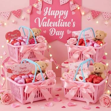 Imagem de Geelin 12 cestas de compras pequenas, mini cestas de plástico com alças e fita de laço rosa, organizador de cosméticos, cesta empilhável fofa para casa de bonecas, frutas, legumes, ovos e lanches