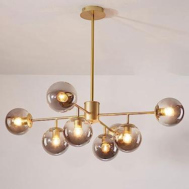 Imagem de Lustre de teto com várias lâmpadas, luminária pendente com esfera de vidro cinza fumê, design criativo para ambientes internos, ideal para sala de estar, quarto e sala de jantar (haste de 20