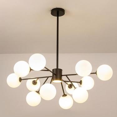 Imagem de Lustre moderno dourado para interiores, 89 cm (35") de diâmetro, com globo de vidro branco, ideal para sala de jantar, sala de estar, quarto, cozinha e escritório (Braço: 10 cm + 20 cm + 30