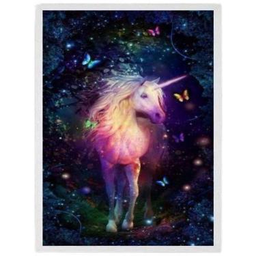 Imagem de Quadro Unicórnio Mágico Borboletas Moldura Branca 45X34Cm