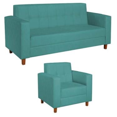 Imagem de Kit Sofá 2 Lugares e Poltrona Denver Suede - Amarena Móveis, Azul Turq