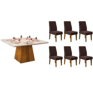 Imagem de Conjunto: Mesa de Cozinha Itália c/ Tampo Madeirado c/ Vidro Curvo 136x136cm e 6 Cadeir...