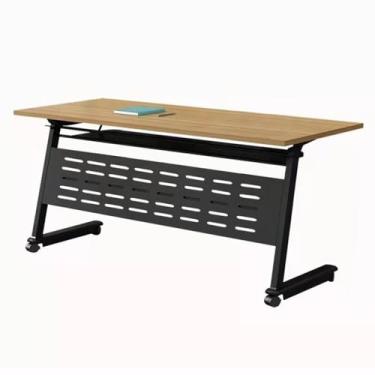 Imagem de Mesa dobrável dobrável com prateleiras de armazenamento abertas e função móvel, materiais ecológicos, para casa, escritório e outros lugares, marrom (Cor: Estilo1, Tamanho: 180 * 60 * 75 cm)