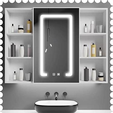 Imagem de Armário de espelho de banheiro branco iluminado por LED, armário de remédios de parede com espelho, interruptor de toque, armário de armazenamento grande, preto 75 cm/30 polegadas (cor: preto,