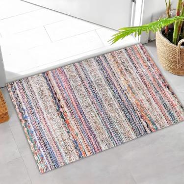 Imagem de Darkyazi Tapete de porta colorido 40,6 cm x 61 cm à prova d'água e resistente a manchas, tapetes de baixo perfil, tapete antiderrapante de PVC para entrada externa/interna/cozinha (risca boêmia)