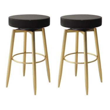 Imagem de Banquetas de bar, conjunto de 2 bancos de bar giratórios, cadeiras de bar de couro PU, bancos de altura de balcão bancos de ilha de cozinha costas nuas com pernas de metal dourado