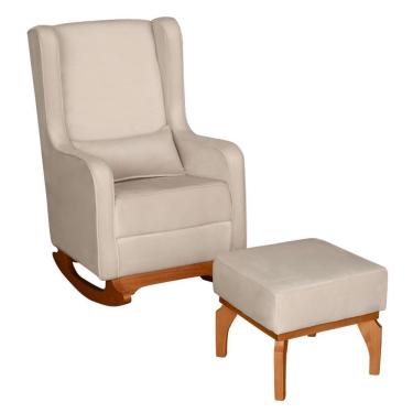 Imagem de Poltrona De Amamentação Retrô Com Balanço Pés Canoa E Puff Veludo Off White - Fratello