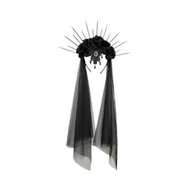 Imagem de Tiara Gótica Feminina Com Véu De Rosas Pretas Para Fantasia De Hallowe