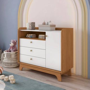 Imagem de Cômoda Infantil 3 Gavetas e 1 Porta de Madeira Canela/Branco