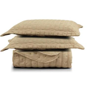 Imagem de Kit Colcha Plissê Casal Seersucker 3 Peças Textura Bege Mel - Casa Sca