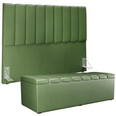 Imagem de Kit Cabeceira Casal Queen 160cm Calçadeira Baú Verde Musgo - LYAM DECO