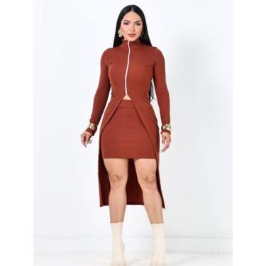 Imagem de Conjunto Feminino Duas Peças Saia E Sobretudo Canelado - Rezes moda, M