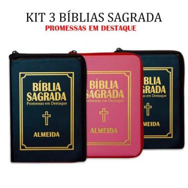 Imagem de Kit com 3 Biblias Sagradas Pequena Ziper - REI DAS BIBLIAS