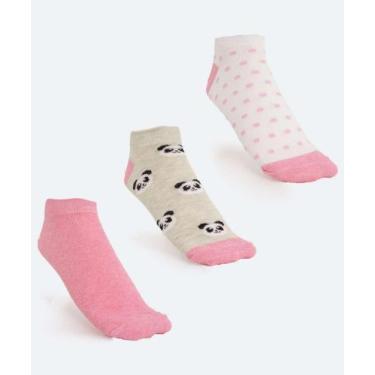 Imagem de Kit 3 Pares Meias Soquete Feminina Estampadas Marisa-89449, 34/39, Ros