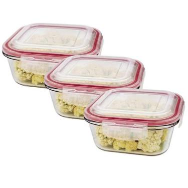 Imagem de Kit 3 Potes De Vidro Hermético Quadrado Tampa Lock Marmita Mantimento 