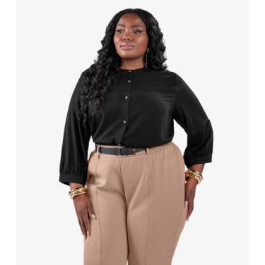 Imagem de Camisa Manga 3/4 Gola Padre Plus Size Secret Glam Preto, Plus G4, Pret