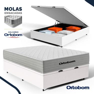 Imagem de  Cama Box Baú com Colchão de Molas Ensacadas Ortobom One Face Plenno Casal 138 cm