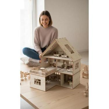 Imagem de Casinha Bonecas MDF 50cm + 30 Móveis Montagem Divertida - Congratulati