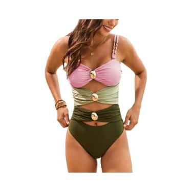 Imagem de Maiô De Uma Peça Com Fivela Dourada E Bloco De Cores, Efeito Push Up, 