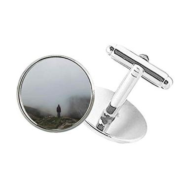 Imagem de DIYthinker Abotoaduras com clipe de botão redondo para viagem natureza da montanha Fog Clouds