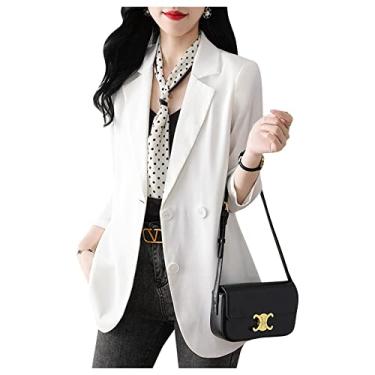 Imagem de Paletó feminino, casaco de manga comprida casual manga comprida 3/4 Plus Size, cardigans blazer ternos, Branco, XX-Large
