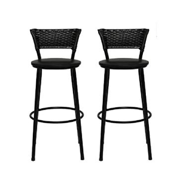 Imagem de Kit 2 Banquetas Alta Bistrô Com Encosto Fixo Acabamento Juncado Designer Moderno Cozinha Gourmet Balcão Bancada Bar