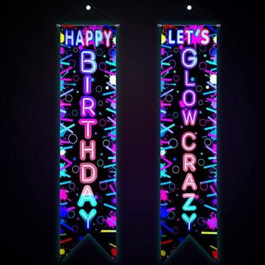 Imagem de Glow in The Dark Party Decorations Neon Happy Birthday Porch Sign Let's Glow Crazy Door Banner Glowing Party Supplies Backdrop Decor for Neon Themed Birthday Party Favors