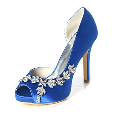 Imagem de Sapatos de noiva de casamento feminino stiletto marfim peep toe cetim sapatos de salto alto com strass 35-42,Blue,2 UK/35 EU