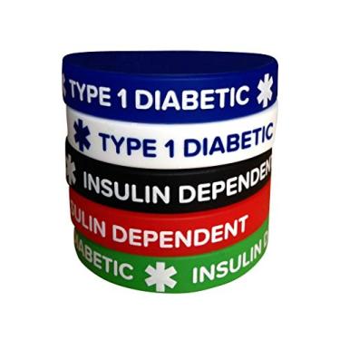 Imagem de Pulseiras de silicone tipo 1 de alerta médico para diabetes – pacote com 5, pulseiras para diabéticos dependentes de insulina para adultos – 19,8 cm – impermeável, design unissex para homens e