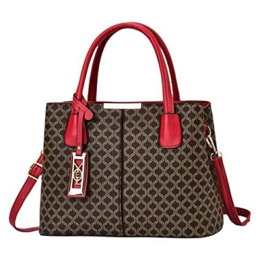 Imagem de Bolsa de mão clássica da moda para mulheres bolsa transversal de couro com alça superior xadrez grande bolsa com zíper, Vermelho