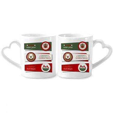 Imagem de Conjunto de canecas de porcelana de casal com ilustração colorida de feliz Natal para amantes de coração