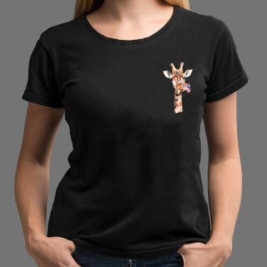 Imagem de Camiseta Feminina girafa desenho fofo flores de algoao blusa preta long look