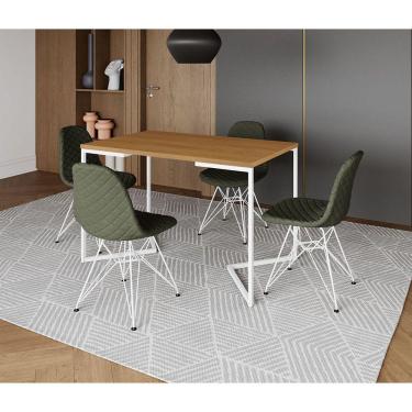 Imagem de Mesa Jantar Industrial Retangular Base V 120x75cm Canela + 4 Cadeiras Estofadas Verdes Aço Branco