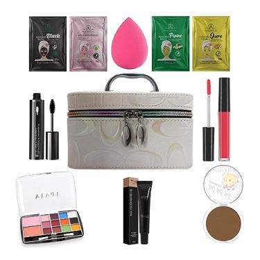 Imagem de Kit de maquiagem com Frasqueira Base Líquida Pó Compacto Mascara para cílios Paleta Sombras Presente (Base Escura)