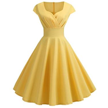 Imagem de UIFLQXX Vestido feminino plissado de cor sólida moda casual decote em V comprimento até o joelho vestido manga curta vestido de baile maxi, Amarelo, Small