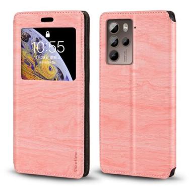 Imagem de Shantime Capa para HTC U23, capa de couro de grão de madeira com porta-cartão e janela, capa flip magnética para HTC U23 Pro (6,7 polegadas) rosa