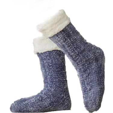 Imagem de IFFANY Meias femininas fofas, meias térmicas de Natal, meias de cama, meias de inverno confortáveis macias grossas felpudas antiderrapantes, Azul, One Size