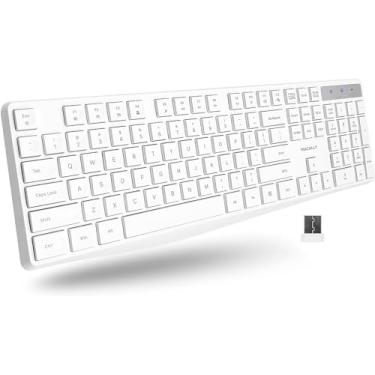 Imagem de Macally Teclado sem fio, teclado branco sem fio 2,4G – Teclado ergonômico de tamanho completo com teclado numérico para laptop, desktop, superfície, Chromebook, notebook