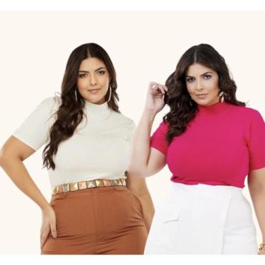 Imagem de Kit 2 Blusa Lisa Gola Alta Plus Size Estilosa Malha Elegante Social Ma