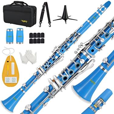 Imagem de Clarinete Bb para iniciantes estudantes B clarinete plano 17 teclas clarinetes com capa alça de suporte 2 barris 8 boquilhas almofada luvas brancas kit de limpeza (azul)