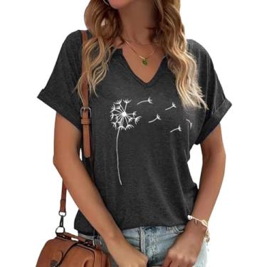 Imagem de Dandelion Shirts Camiseta feminina com gola V e girassol flores silvestres estampa casual, Cinza escuro, XXG