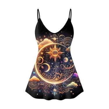 Imagem de Rosegal Plus Size Camiseta regata feminina gótica lua sol com estampa de estrela e sem mangas com alças finas, Preto, 2X