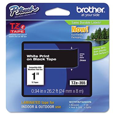 Imagem de Brother Fita P-touch TZE-355 genuína, fita laminada padrão de 2,4 cm de largura, branca sobre preta, laminada para uso interno ou externo, resistente à água, 24 mm x 8 m, embalagem única, TZE355
